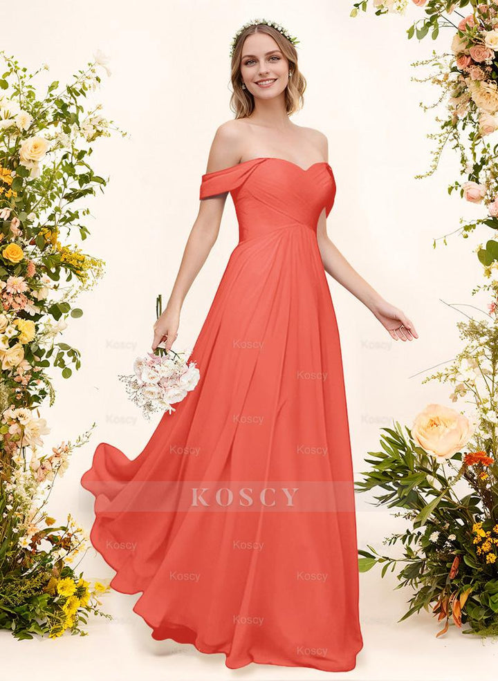 Off-The-Shoulder Short Sleeves Chiffon Floor-Length Bridesmaid Dress W