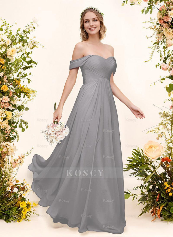 white christmas dresses Off-The-Shoulder Short Sleeves Chiffon Floor-Length Bridesmaid Dress W