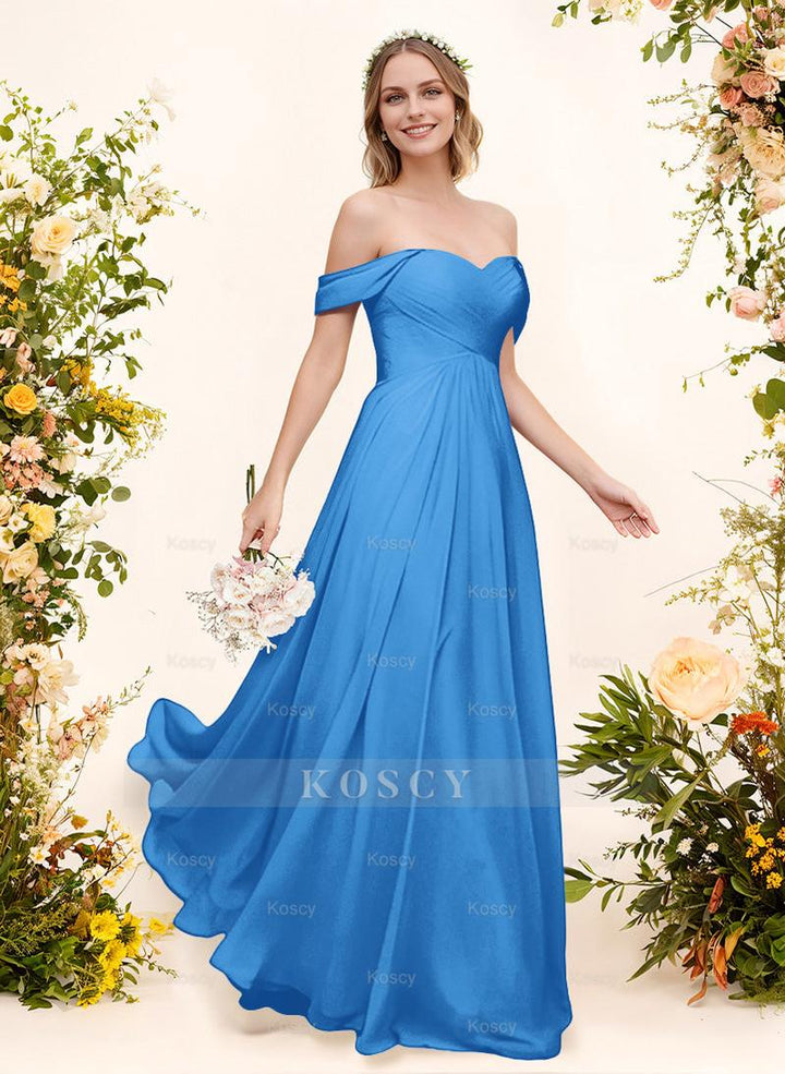 Off-The-Shoulder Short Sleeves Chiffon Floor-Length Bridesmaid Dress W