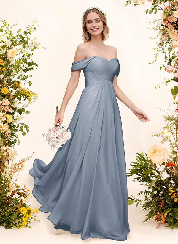 dusty blue bridesmaid dresses short Berylove Women Lace Dusty Blue Bridesmaid Dress Short Sleeve Chiffon A Line Round Neck Maxi Wedding Guest Dress, Dusty Blue / US8 main image 0