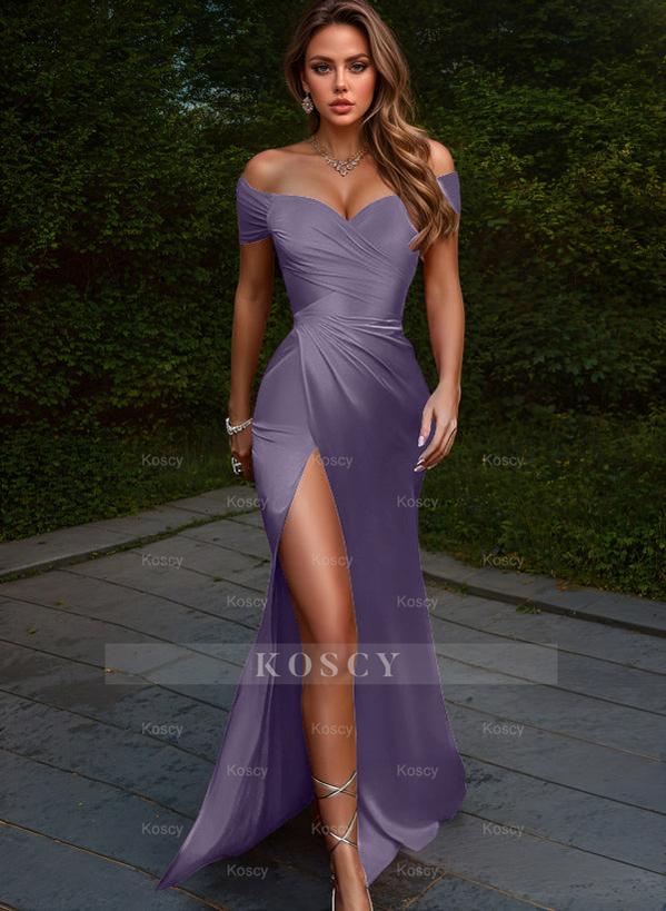 Off-The-Shoulder Silk Like Satin Bridesmaid Dresses With High Split Off-The-Shoulder Silk Like Satin Bridesmaid Dresses With High Split