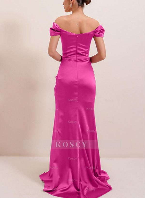 Off-The-Shoulder Silk Like Satin Bridesmaid Dresses With Split Front