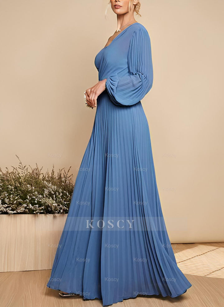 One-Shoulder A-Line Long Sleeves Floor-Length Chiffon Bridesmaid Dresses With Pleated One-Shoulder A-Line Long Sleeves Floor-Length Chiffon Bridesmaid Dresses With Pleated