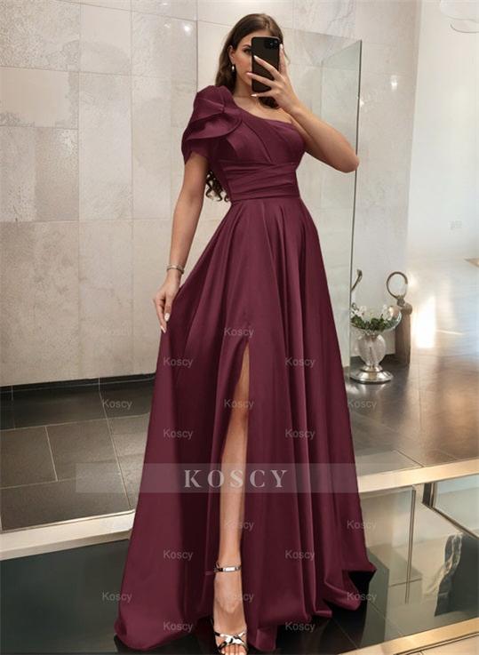 One-Shoulder A-Line Satin Bridesmaid Dress with Ruffle Short Sleeves S