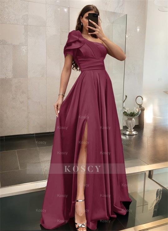 knee length dresses for ladies One-Shoulder A-Line Satin Bridesmaid Dress with Ruffle Short Sleeves S
