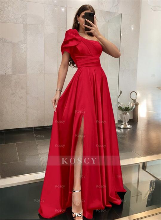 knee length dresses for ladies One-Shoulder A-Line Satin Bridesmaid Dress with Ruffle Short Sleeves S