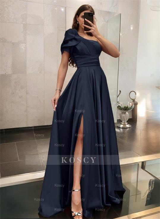 One-Shoulder A-Line Satin Bridesmaid Dress with Ruffle Short Sleeves S