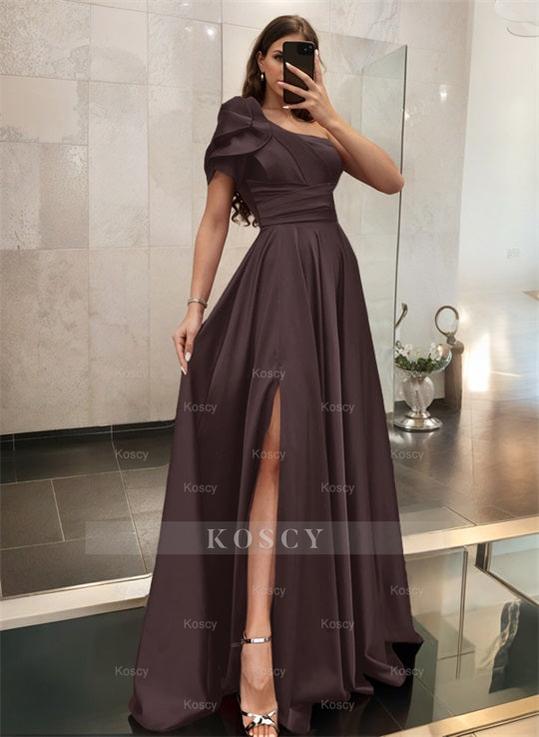 One-Shoulder A-Line Satin Bridesmaid Dress with Ruffle Short Sleeves S One-Shoulder A-Line Satin Bridesmaid Dress with Ruffle Short Sleeves S