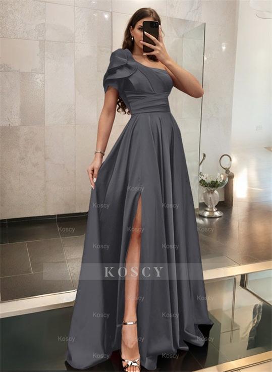blue dress for baby girl One-Shoulder A-Line Satin Bridesmaid Dress with Ruffle Short Sleeves S