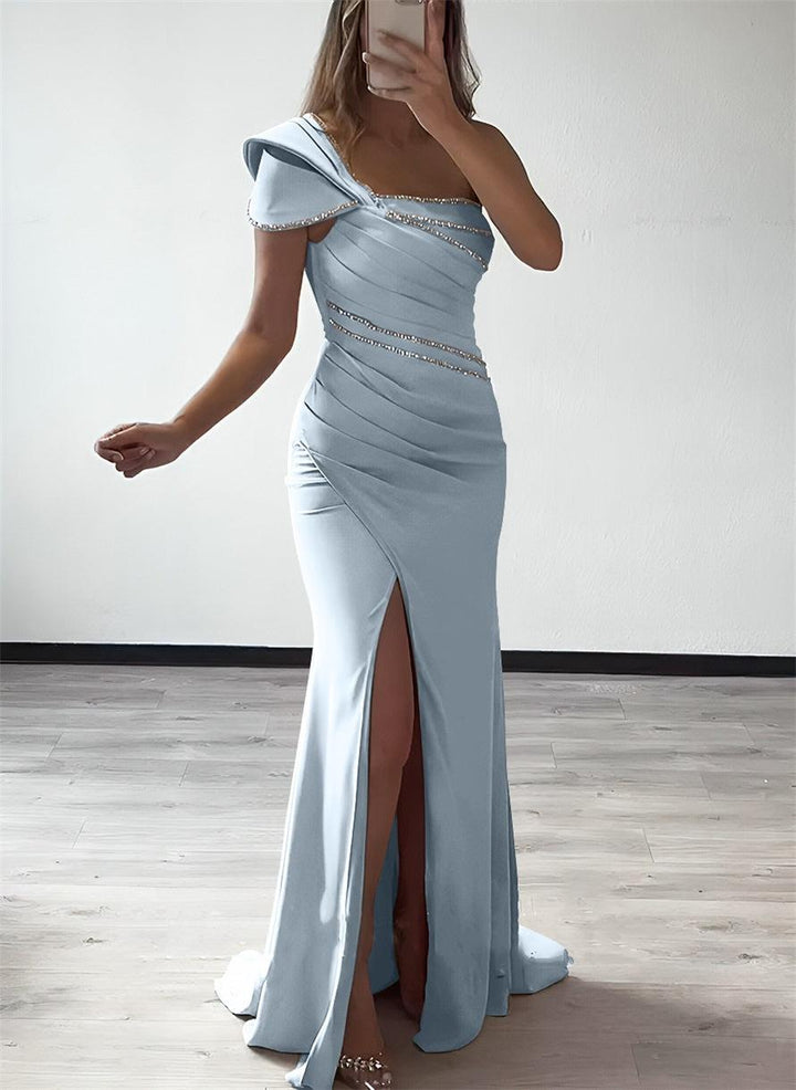 silver one shoulder bridesmaid dresses Azazie Capri