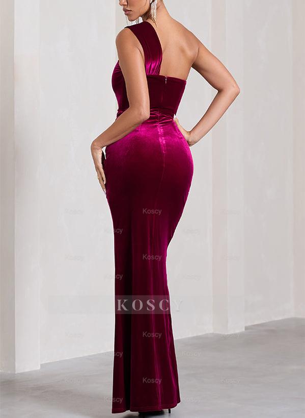 open lace back dress One-Shoulder Sleeveless Velvet Bridesmaid Dresses With Split Front