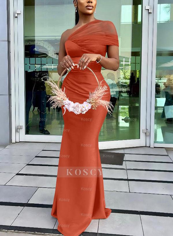 trumpet mermaid sleeveless dress One-Shoulder Trumpet/Mermaid Sleeveless Satin/Tulle Bridesmaid Dresses