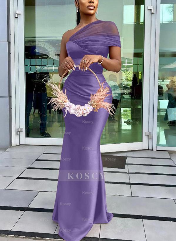 blue dress for baby girl One-Shoulder Trumpet/Mermaid Sleeveless Satin/Tulle Bridesmaid Dresses