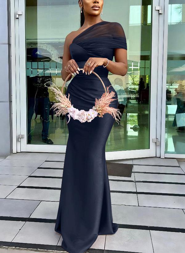 one shoulder tulle bridesmaid dress One-Shoulder Trumpet/Mermaid Sleeveless Satin/Tulle Dresses Halsey High Low Drape collection:everyday steals Zipper Side Neckline Color:06 Blue