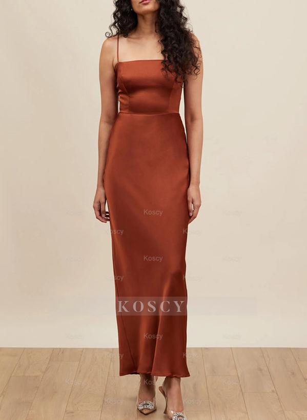 Satin Ankle-Length Bridesmaid Dress with Sheath/Column Square Neckline