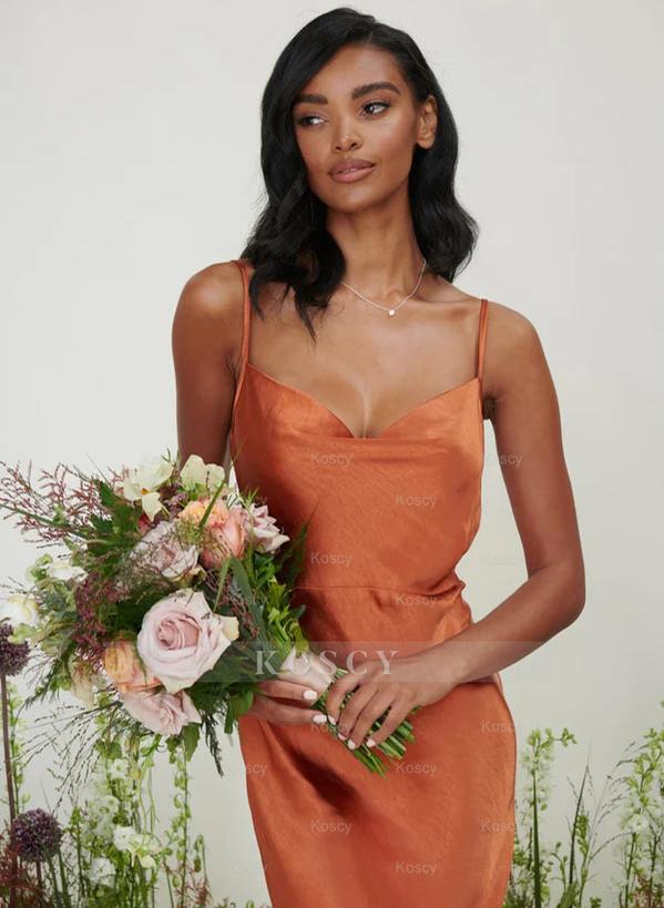 Satin Bridesmaid Dresses with Sheath Cowl Neck Sleeveless Design and F