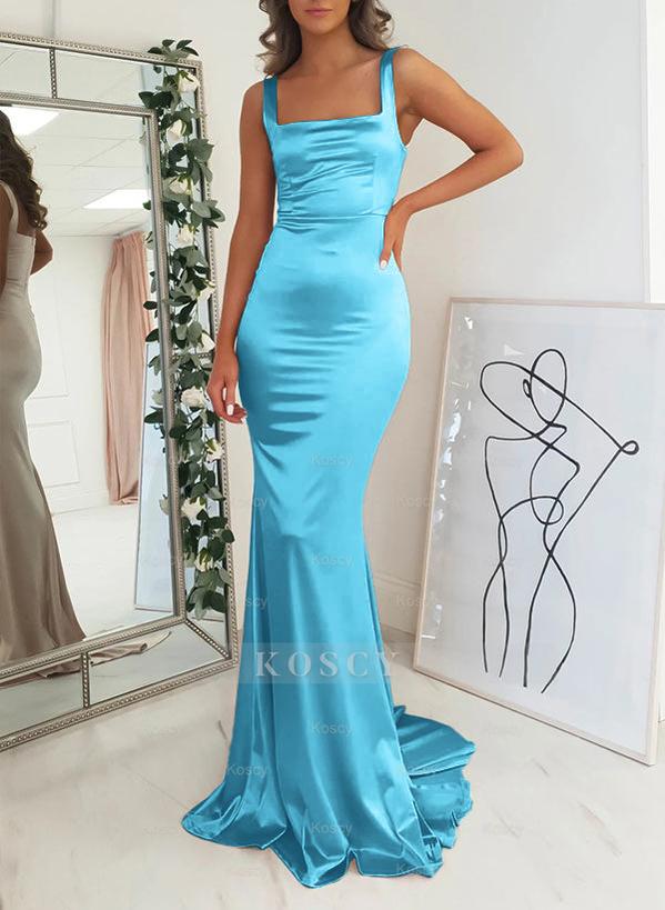 Satin Mermaid Bridesmaid Dress with Square Neckline Sleeveless and Swe Satin Mermaid Bridesmaid Dress with Square Neckline Sleeveless and Swe