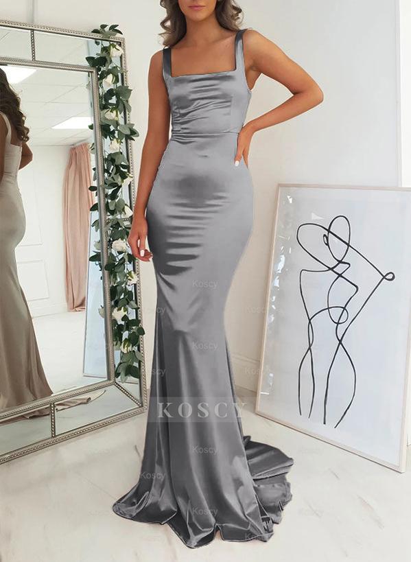 Satin Mermaid Bridesmaid Dress with Square Neckline Sleeveless and Swe
