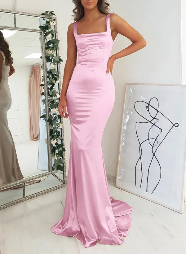 fitted mermaid bridesmaid dresses Square Neck Stretch Satin Mermaid Bridesmaid Dress With Slight Train In Cabernet