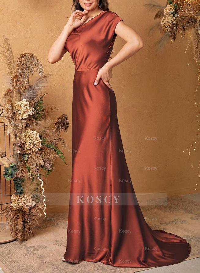 Satin Rust Cowl Neck Sheath/Column Bridesmaid Dresses Short Sleeves Satin Rust Cowl Neck Sheath/Column Bridesmaid Dresses Short Sleeves