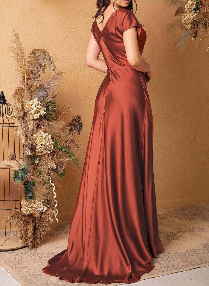 Satin Rust Cowl Neck Sheath/Column Bridesmaid Dresses Short Sleeves