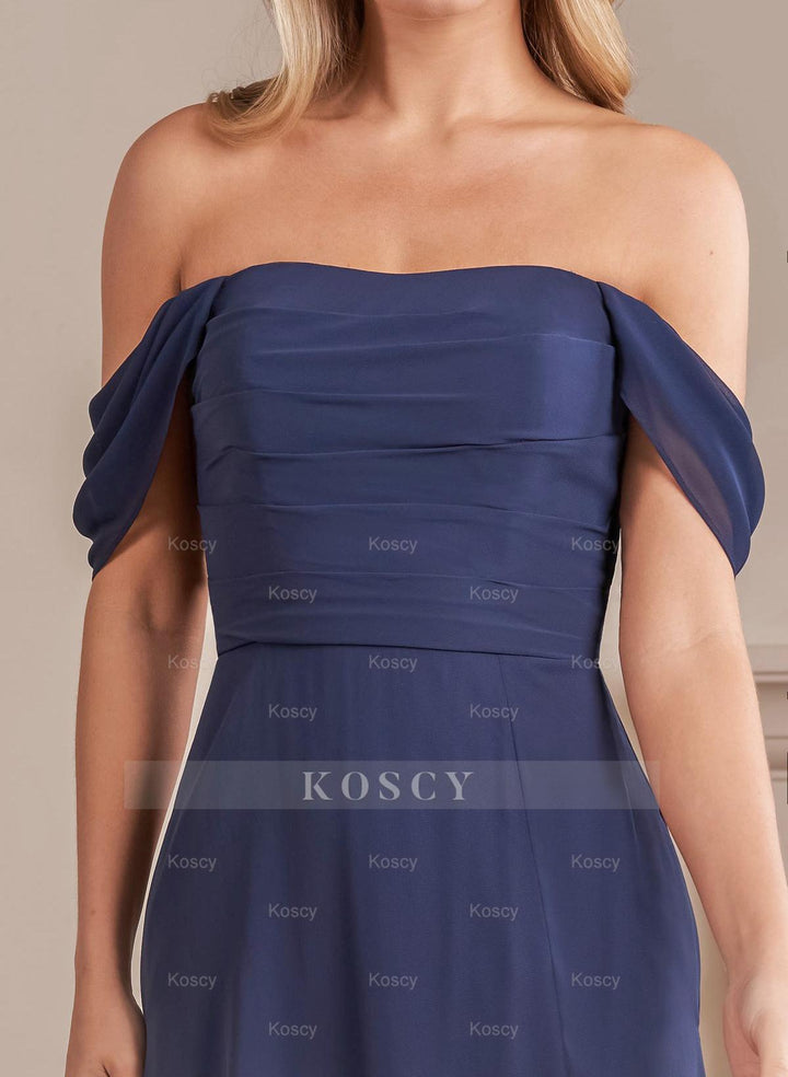 off the shoulder bridesmaid dress short Off-Shoulder Satin Tea-Length Bridesmaid Dress-Bridelily main image 0
