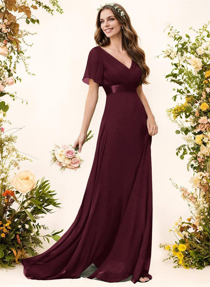 Short Sleeves V-Neck A-Line Chiffon Bridesmaid Dresses With Pleated Sw