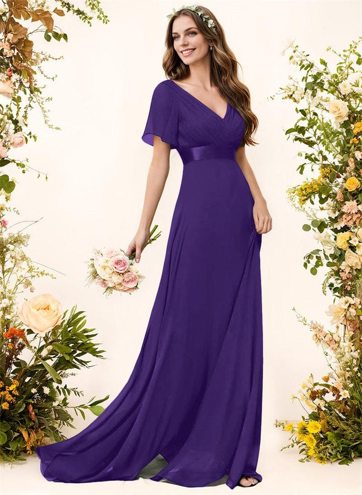 sweep train bridesmaid dresses Short Sleeves V-Neck A-Line Chiffon With Pleated Sw Nordstrom_2 With its sleek pleating Color:Leopard Gorgeous Backless Light Blue