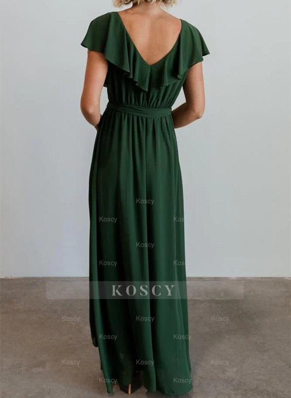 Sleeveless A-Line V-neck Chiffon Bridesmaid Dress with Asymmetrical He Sleeveless A-Line V-neck Chiffon Bridesmaid Dress with Asymmetrical He