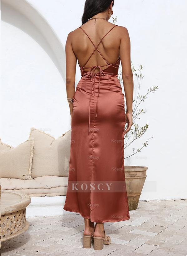 Sleeveless Cowl Neck Ankle-Length Bridesmaid Dresses with Split Front