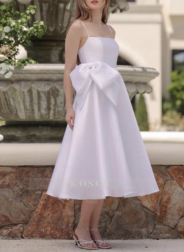 Square Neckline Sleeveless Tea-Length Satin Bridesmaid Dresses With Bo