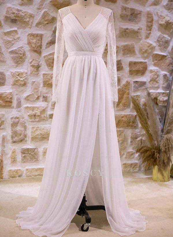 V-Neck Long Sleeves Chiffon Bridesmaid Dress with A-Line Cut and Back V-Neck Long Sleeves Chiffon Bridesmaid Dress with A-Line Cut and Back