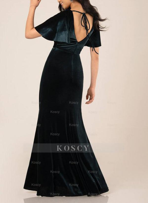 short sleeve velvet bridesmaid dresses A-Line V-Neck Short Sleeves Velvet Bridesmaid Dresses, Slate_Blue main image 0