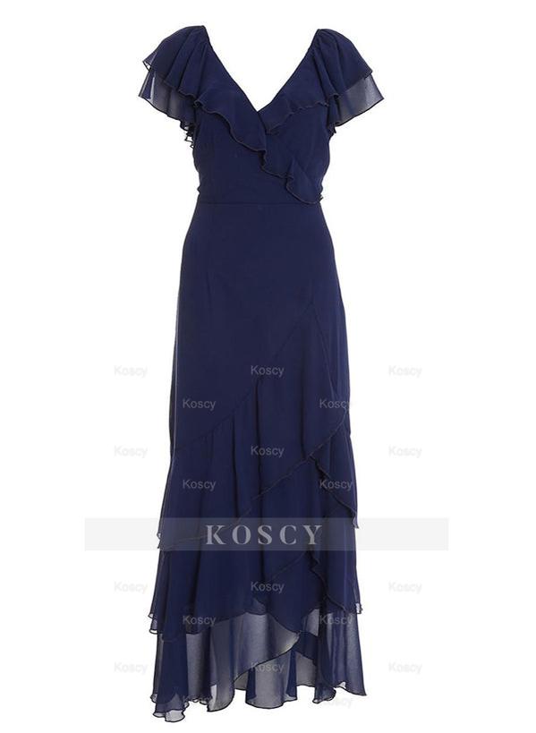 V-neck Short Sleeves Chiffon Bridesmaid Dresses With Ruffle