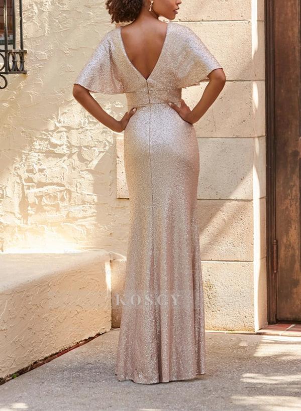 V-Neck Short Sleeves Sequined Bridesmaid Dresses with Split Front