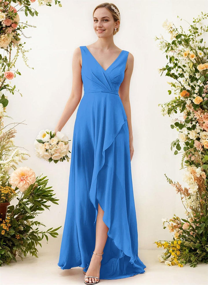 chinese dress ladies V-Neck Sleeveless A-Line Bridesmaid Dresses With Ruffle Chiffon Regula