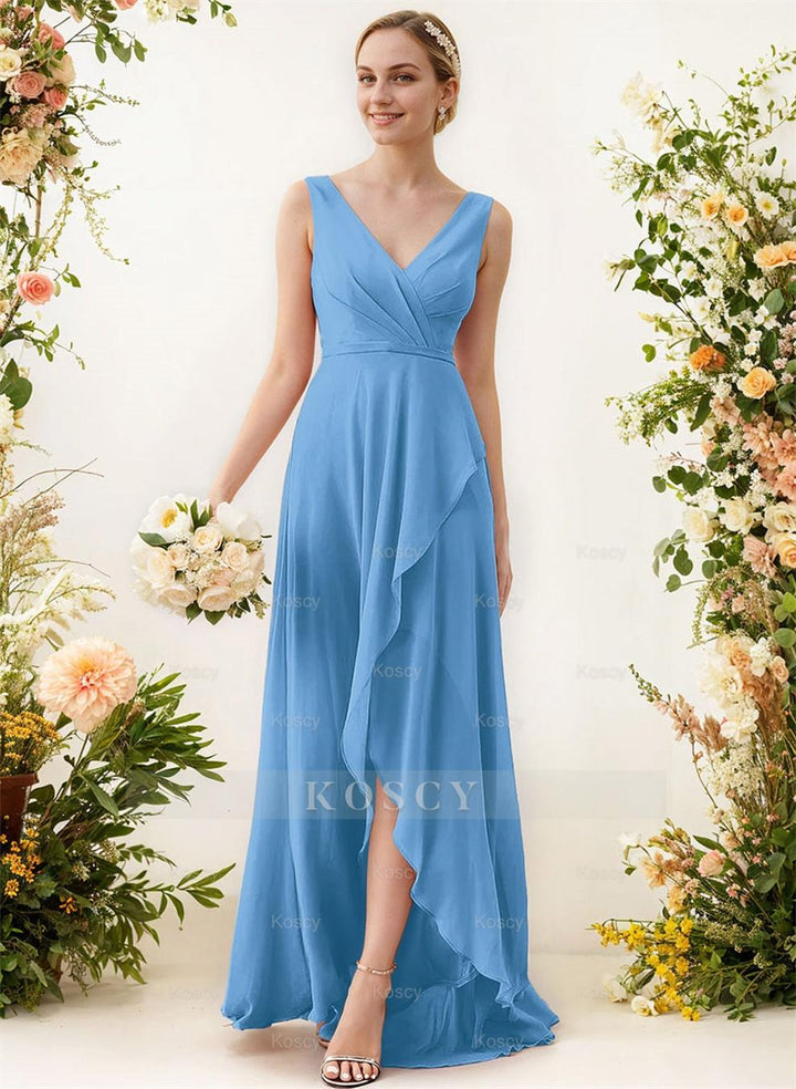V-Neck Sleeveless A-Line Bridesmaid Dresses With Ruffle Chiffon Regular  Straps Asymmetrical