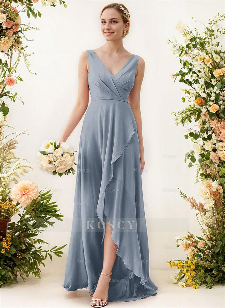 chinese dress ladies Wedtrend Women Eucalyptus V-Neck Ruched Open Back Long Chiffon Bridesmaid Dress with Slit, Chiffon Color / US2 main image 1