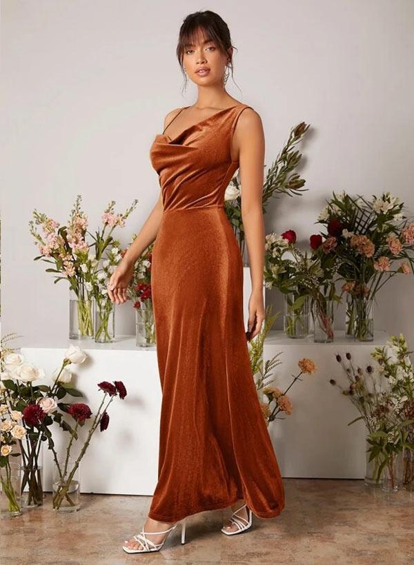 Velvet Bridesmaid Dresses with Sheath Cowl Neck and Sleeveless Design