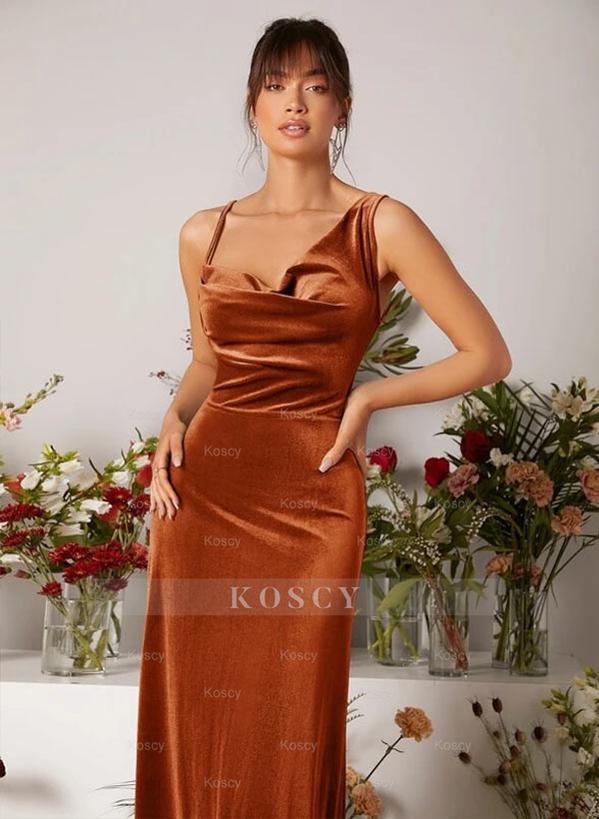 Velvet Bridesmaid Dresses with Sheath Cowl Neck and Sleeveless Design
